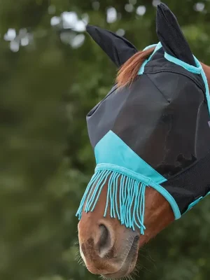 Aktuell WeatherBeeta Comfitec Deluxe Fine Mesh Mask With Ears & Tassels - Grey/Turquoise, Warmblut