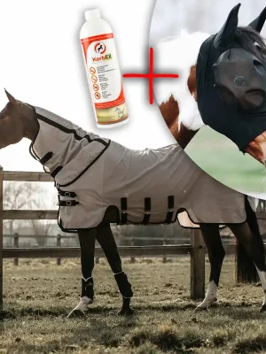 [Paket] Kentucky Horsewear Mesh Fly Rug - beige + Kentucky Horsewear Fly Mask Slim Fit + KerbEx Insektenschutzspray , 130 Kostenfreie Lieferung